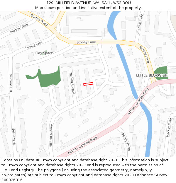 129, MILLFIELD AVENUE, WALSALL, WS3 3QU: Location map and indicative extent of plot