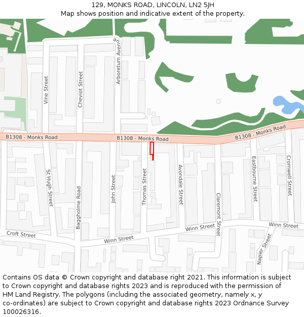 129, MONKS ROAD, LINCOLN, LN2 5JH: Location map and indicative extent of plot