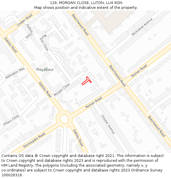 129, MORGAN CLOSE, LUTON, LU4 9GN: Location map and indicative extent of plot