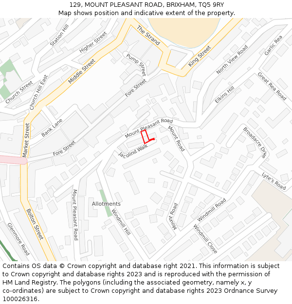 129, MOUNT PLEASANT ROAD, BRIXHAM, TQ5 9RY: Location map and indicative extent of plot