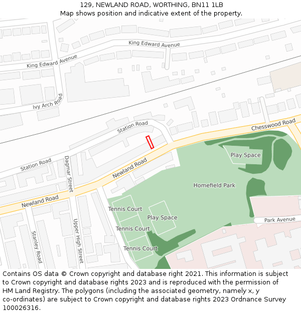 129, NEWLAND ROAD, WORTHING, BN11 1LB: Location map and indicative extent of plot