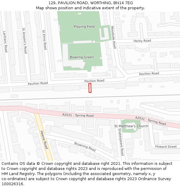 129, PAVILION ROAD, WORTHING, BN14 7EG: Location map and indicative extent of plot