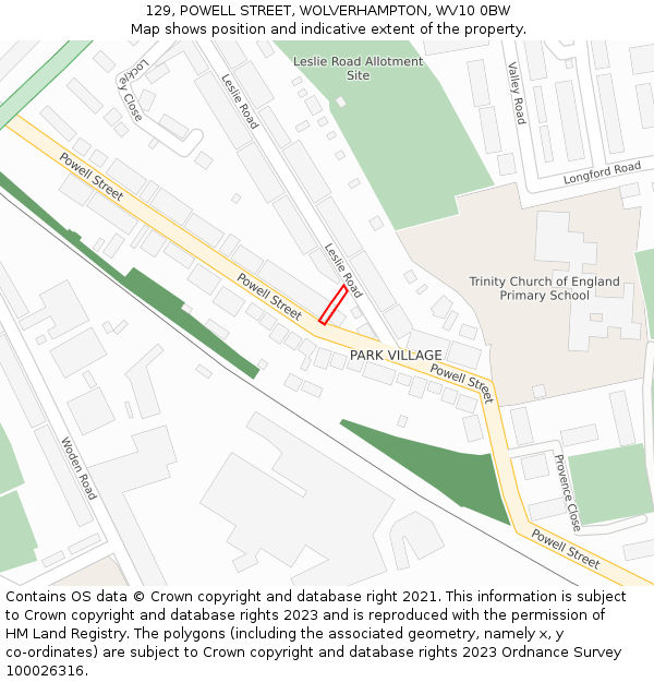 129, POWELL STREET, WOLVERHAMPTON, WV10 0BW: Location map and indicative extent of plot