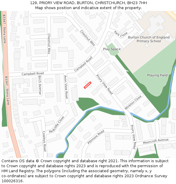 129, PRIORY VIEW ROAD, BURTON, CHRISTCHURCH, BH23 7HH: Location map and indicative extent of plot