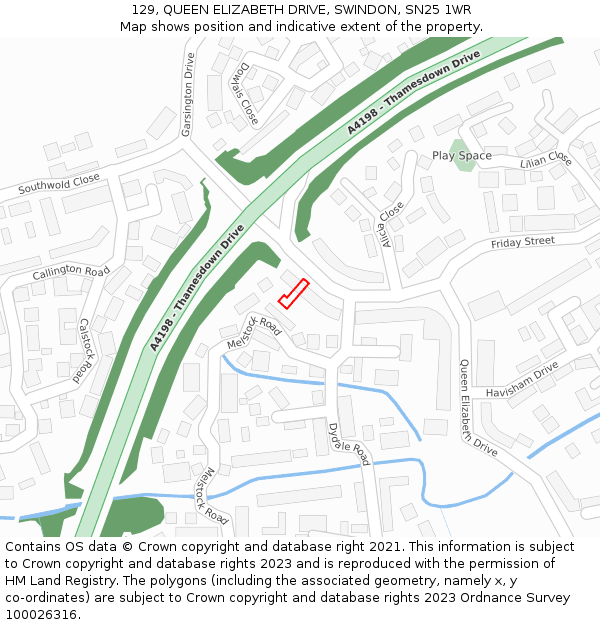129, QUEEN ELIZABETH DRIVE, SWINDON, SN25 1WR: Location map and indicative extent of plot
