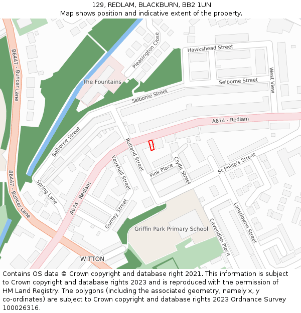 129, REDLAM, BLACKBURN, BB2 1UN: Location map and indicative extent of plot