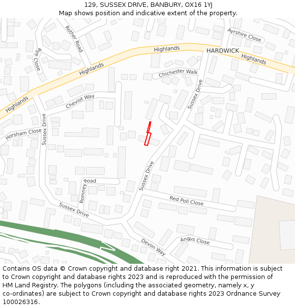 129, SUSSEX DRIVE, BANBURY, OX16 1YJ: Location map and indicative extent of plot