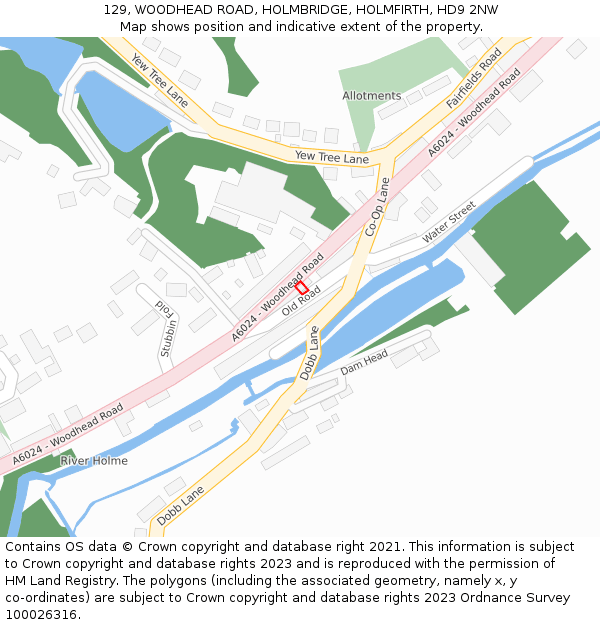 129, WOODHEAD ROAD, HOLMBRIDGE, HOLMFIRTH, HD9 2NW: Location map and indicative extent of plot