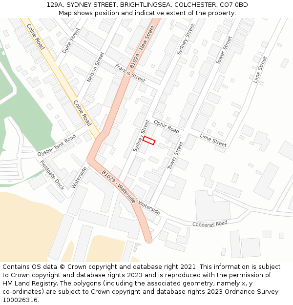 129A, SYDNEY STREET, BRIGHTLINGSEA, COLCHESTER, CO7 0BD: Location map and indicative extent of plot