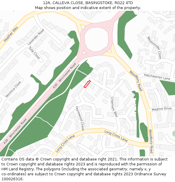 12A, CALLEVA CLOSE, BASINGSTOKE, RG22 4TD: Location map and indicative extent of plot
