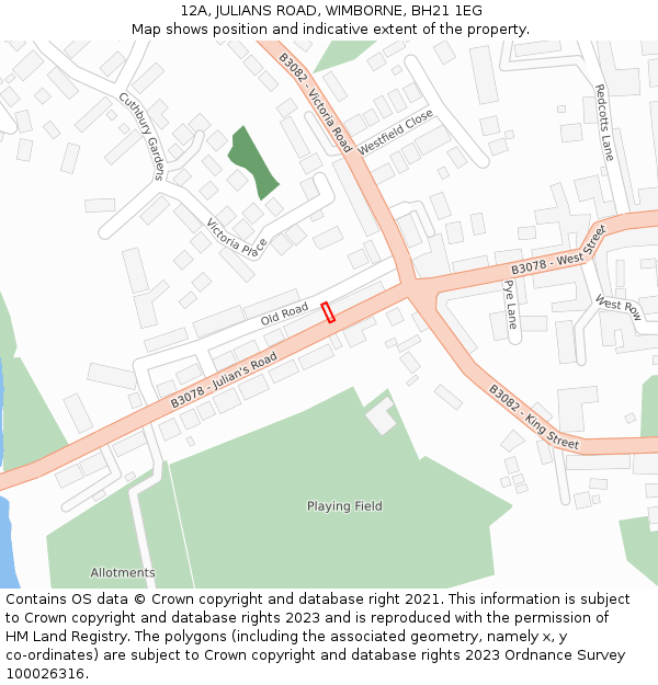 12A, JULIANS ROAD, WIMBORNE, BH21 1EG: Location map and indicative extent of plot