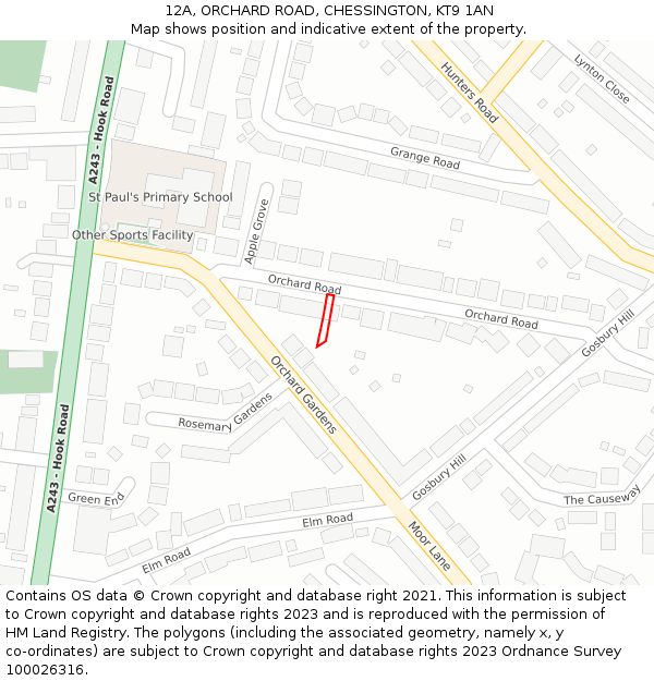 12A, ORCHARD ROAD, CHESSINGTON, KT9 1AN: Location map and indicative extent of plot
