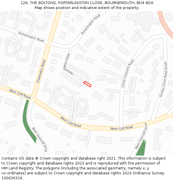 12A, THE BOLTONS, PORTARLINGTON CLOSE, BOURNEMOUTH, BH4 8DA: Location map and indicative extent of plot