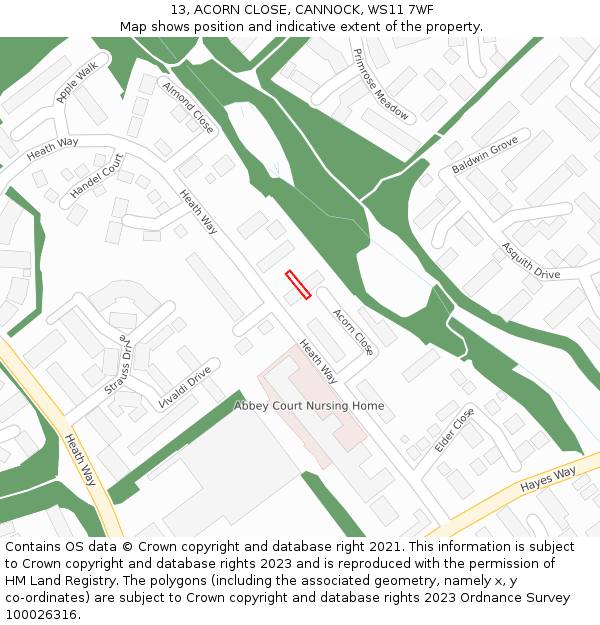 13, ACORN CLOSE, CANNOCK, WS11 7WF: Location map and indicative extent of plot
