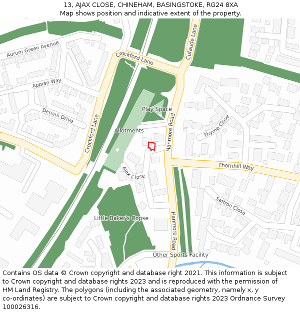 13, AJAX CLOSE, CHINEHAM, BASINGSTOKE, RG24 8XA: Location map and indicative extent of plot