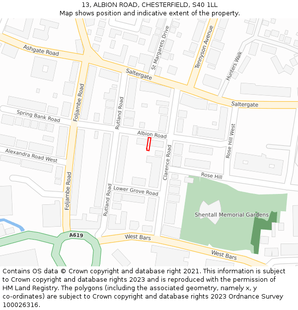 13, ALBION ROAD, CHESTERFIELD, S40 1LL: Location map and indicative extent of plot