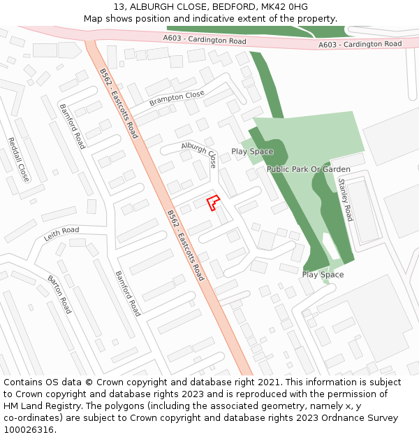 13, ALBURGH CLOSE, BEDFORD, MK42 0HG: Location map and indicative extent of plot