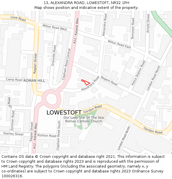 13, ALEXANDRA ROAD, LOWESTOFT, NR32 1PH: Location map and indicative extent of plot