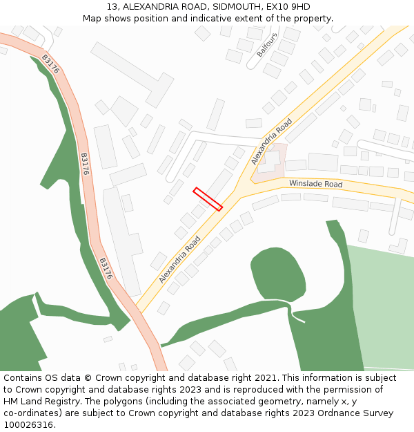 13, ALEXANDRIA ROAD, SIDMOUTH, EX10 9HD: Location map and indicative extent of plot