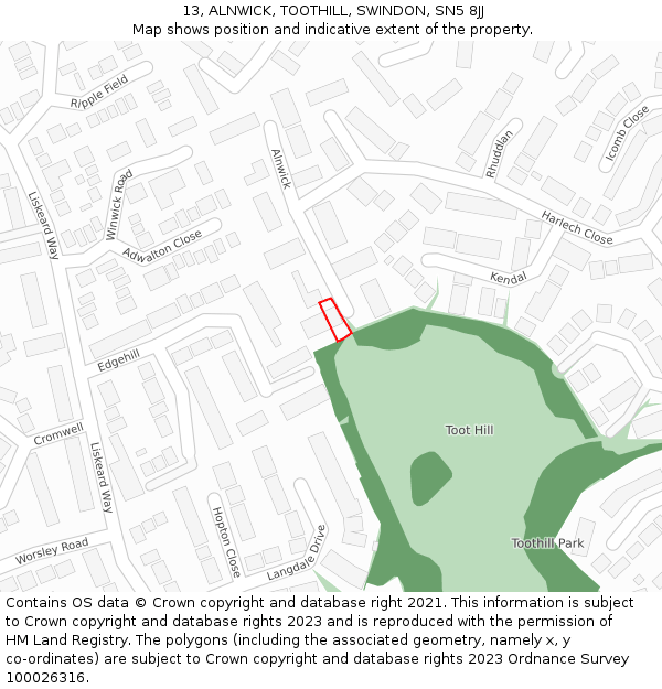 13, ALNWICK, TOOTHILL, SWINDON, SN5 8JJ: Location map and indicative extent of plot