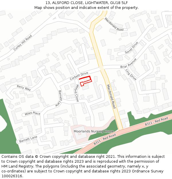 13, ALSFORD CLOSE, LIGHTWATER, GU18 5LF: Location map and indicative extent of plot