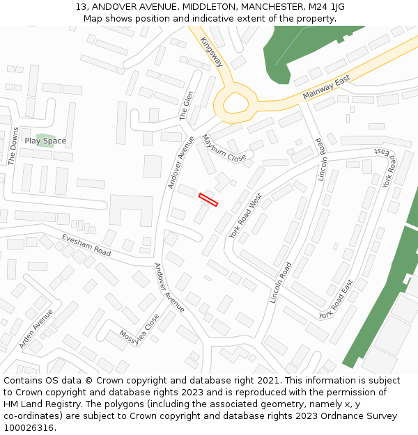 13, ANDOVER AVENUE, MIDDLETON, MANCHESTER, M24 1JG: Location map and indicative extent of plot