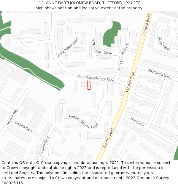 13, ANNE BARTHOLOMEW ROAD, THETFORD, IP24 1TF: Location map and indicative extent of plot