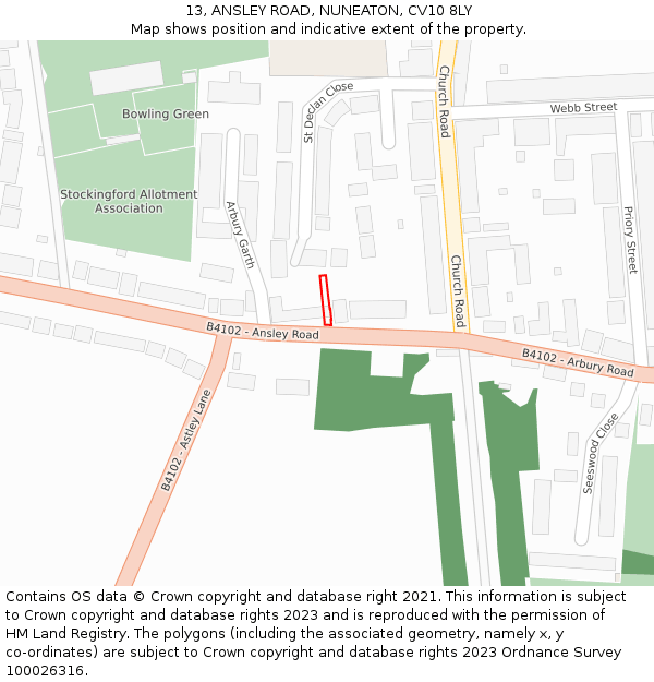 13, ANSLEY ROAD, NUNEATON, CV10 8LY: Location map and indicative extent of plot