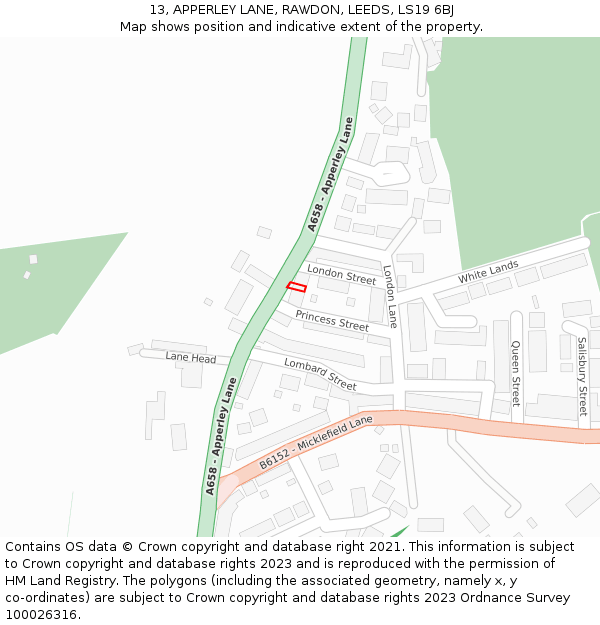 13, APPERLEY LANE, RAWDON, LEEDS, LS19 6BJ: Location map and indicative extent of plot
