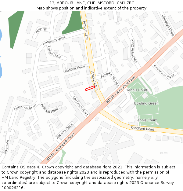 13, ARBOUR LANE, CHELMSFORD, CM1 7RG: Location map and indicative extent of plot