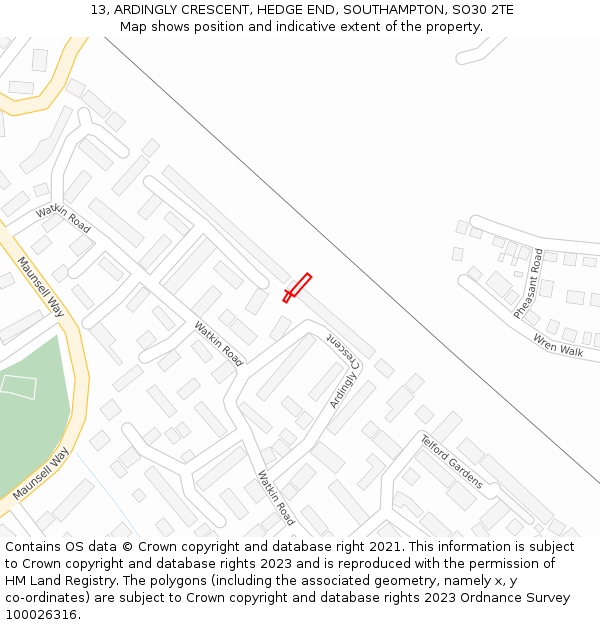 13, ARDINGLY CRESCENT, HEDGE END, SOUTHAMPTON, SO30 2TE: Location map and indicative extent of plot