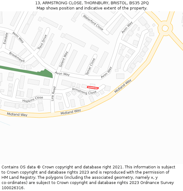 13, ARMSTRONG CLOSE, THORNBURY, BRISTOL, BS35 2PQ: Location map and indicative extent of plot