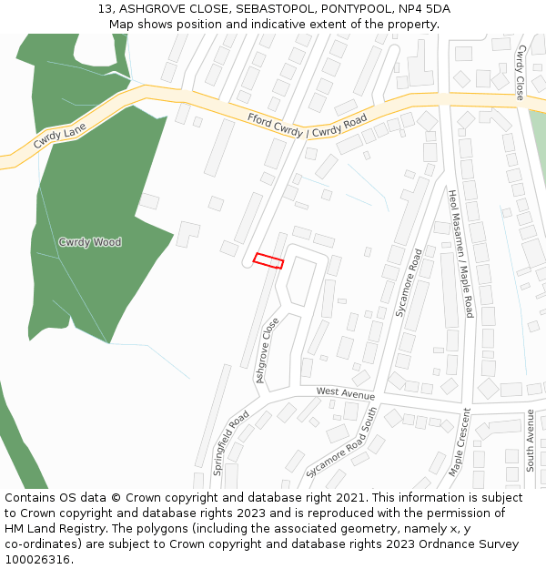 13, ASHGROVE CLOSE, SEBASTOPOL, PONTYPOOL, NP4 5DA: Location map and indicative extent of plot