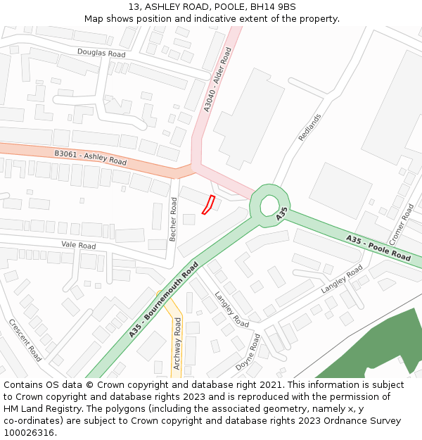 13, ASHLEY ROAD, POOLE, BH14 9BS: Location map and indicative extent of plot