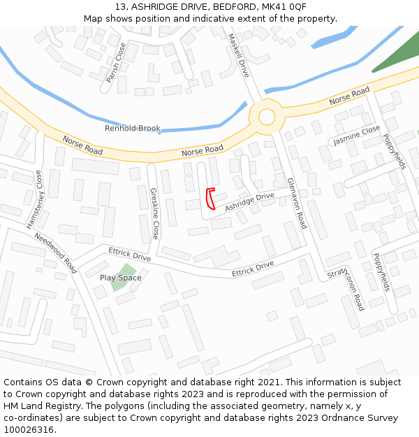 13, ASHRIDGE DRIVE, BEDFORD, MK41 0QF: Location map and indicative extent of plot