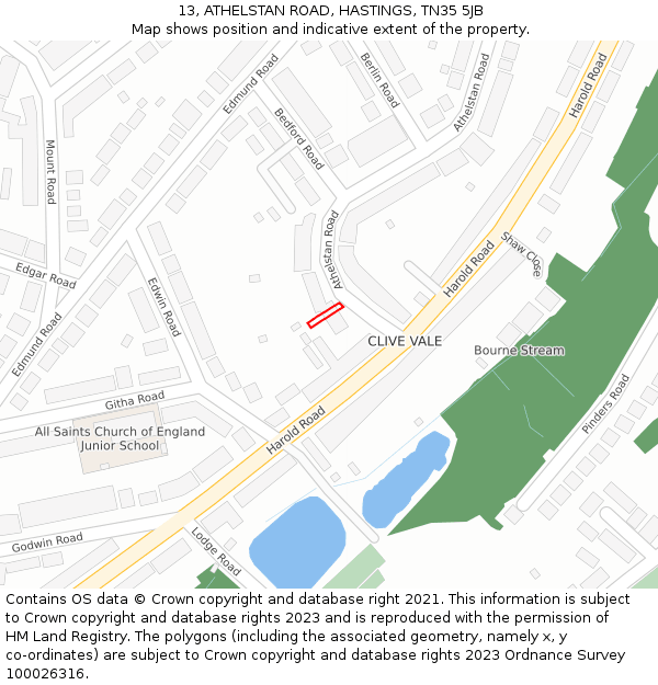13, ATHELSTAN ROAD, HASTINGS, TN35 5JB: Location map and indicative extent of plot