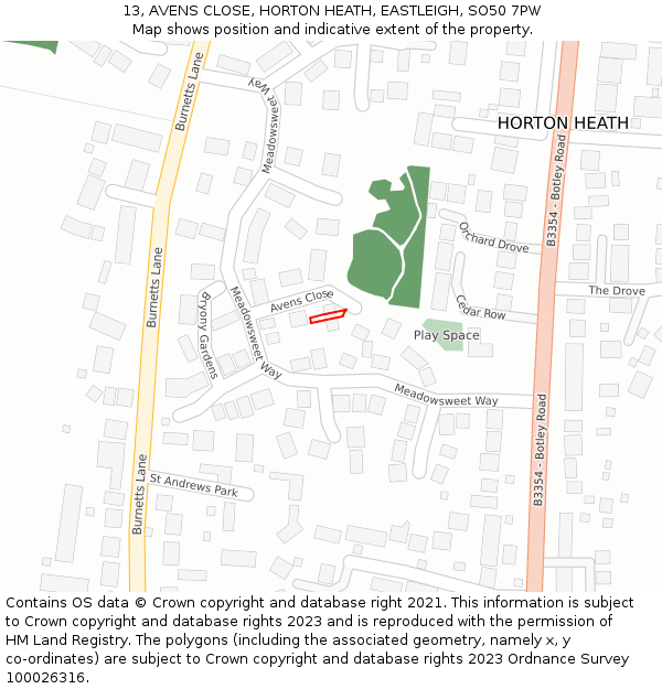 13, AVENS CLOSE, HORTON HEATH, EASTLEIGH, SO50 7PW: Location map and indicative extent of plot