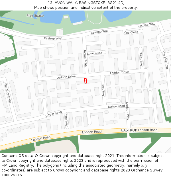 13, AVON WALK, BASINGSTOKE, RG21 4DJ: Location map and indicative extent of plot