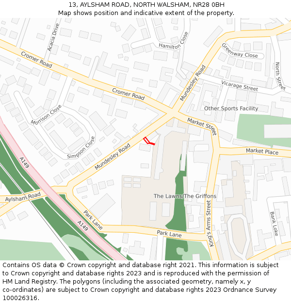 13, AYLSHAM ROAD, NORTH WALSHAM, NR28 0BH: Location map and indicative extent of plot
