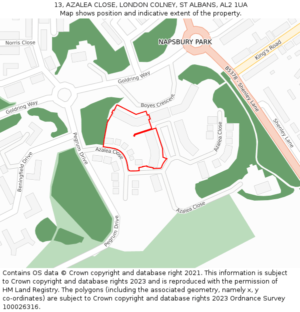 13, AZALEA CLOSE, LONDON COLNEY, ST ALBANS, AL2 1UA: Location map and indicative extent of plot