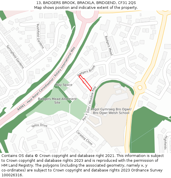 13, BADGERS BROOK, BRACKLA, BRIDGEND, CF31 2QS: Location map and indicative extent of plot