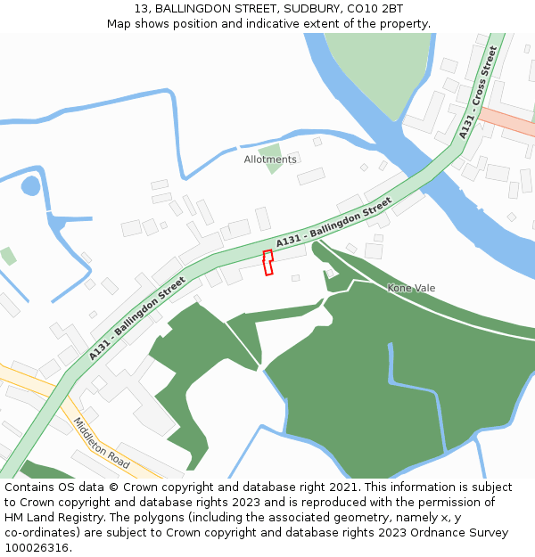 13, BALLINGDON STREET, SUDBURY, CO10 2BT: Location map and indicative extent of plot