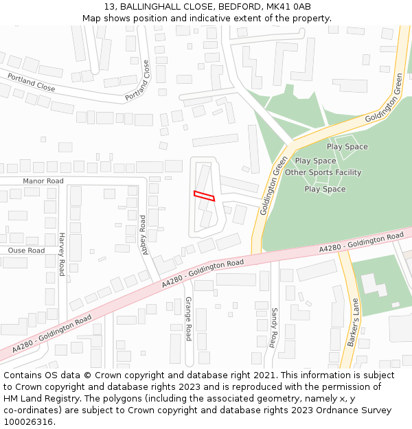 13, BALLINGHALL CLOSE, BEDFORD, MK41 0AB: Location map and indicative extent of plot