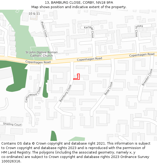 13, BAMBURG CLOSE, CORBY, NN18 9PA: Location map and indicative extent of plot