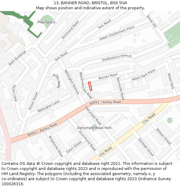 13, BANNER ROAD, BRISTOL, BS6 5NA: Location map and indicative extent of plot