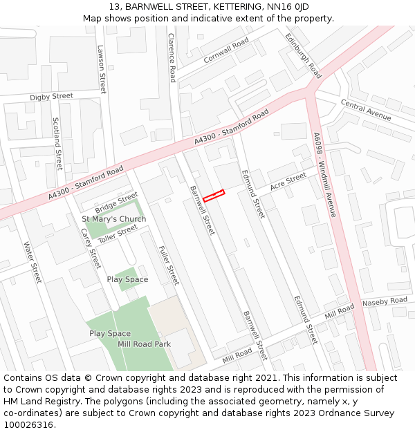 13, BARNWELL STREET, KETTERING, NN16 0JD: Location map and indicative extent of plot