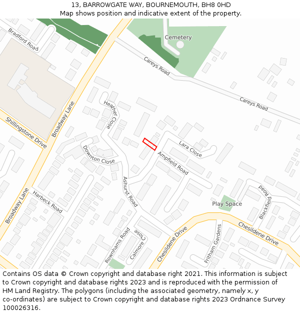 13, BARROWGATE WAY, BOURNEMOUTH, BH8 0HD: Location map and indicative extent of plot