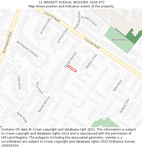 13, BASSETT AVENUE, BICESTER, OX26 4TZ: Location map and indicative extent of plot