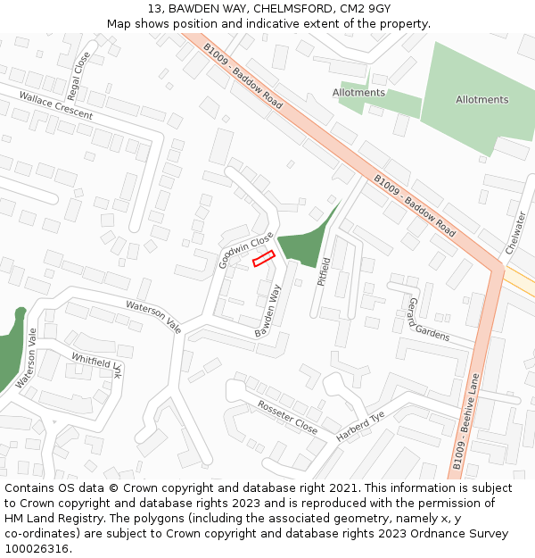13, BAWDEN WAY, CHELMSFORD, CM2 9GY: Location map and indicative extent of plot