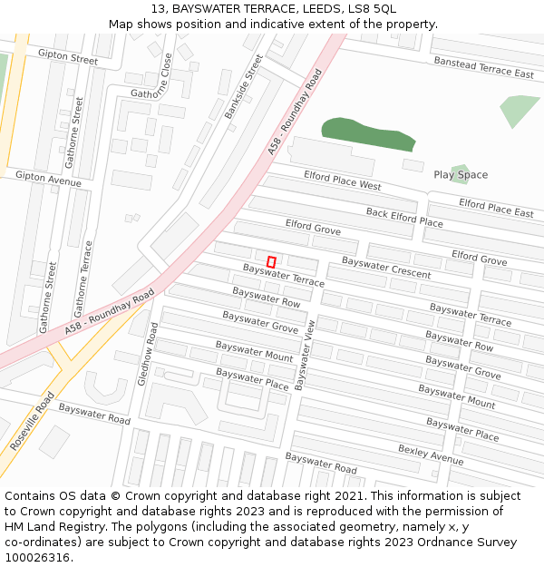 13, BAYSWATER TERRACE, LEEDS, LS8 5QL: Location map and indicative extent of plot
